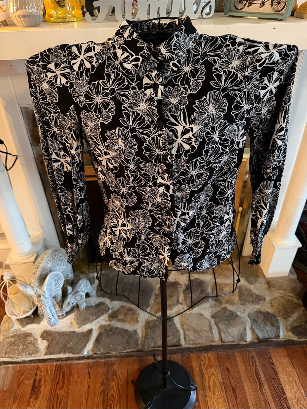 A…love story Women's Black Button-Down Shirt with White Floral Outline